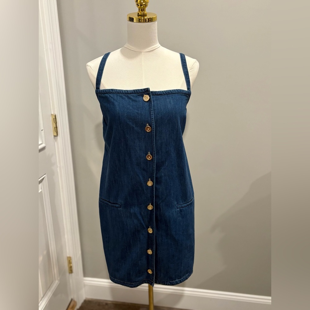 J.Crew Denim Button Front Dress XL Blue Jean Sleeveless Gold Buttons 100% Cotton
